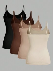 SHEIN EZwear Set de 4 piezas de Ropa interior básica de verano compuesto por camiseta de tirantes y mallas minimalistas y casuales para mujeres
