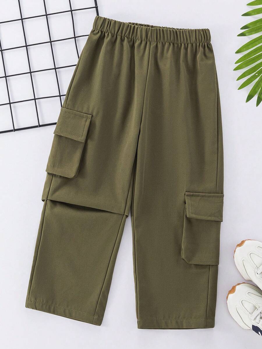 SHEIN 1 条装 男童休闲百搭宽松编织纯色工装口袋裤 - 綠色 - 查看 1