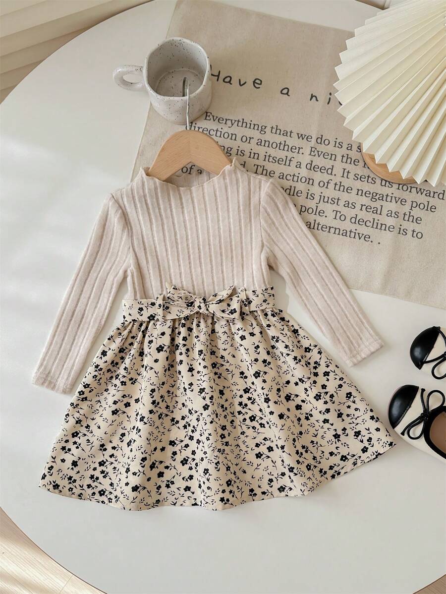 SHEIN LMoss Kids LMoss Baby Girl Cute Patchwork Ditsy Floral Long Sleeve Belted Knit Dress, Autumn/Winter - Multicolor - View 1