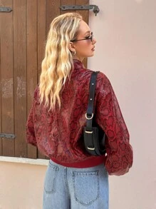 SHEIN EZwear Women's Autumn Snake Print Dropped Shoulder Long Sleeve Zipper Placket Fashion Jacket