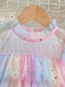 SHEIN Young Girl Gorgeous Ruffle Collar Gradient Color Layered Tulle Cake Dress, With Stars And Sequins, Perfect For Parties, Holidays And Summer