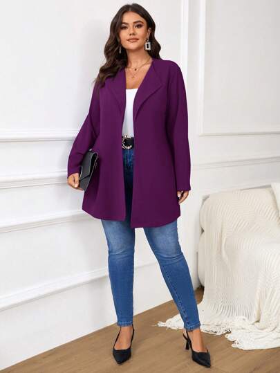 SHEIN Privé Plus Size Women Navy Blue Fall Casual Mid-Length Blazer For Commute