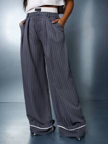 SUMWON WOMEN Wide Leg Pinstripe Turn Up Trousers - Grey - View 1