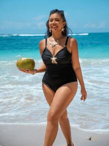 Swim Lushoire Traje de baño de una pieza para tallas grandes, de unicolor y efecto adelgazante de abdomen, para verano