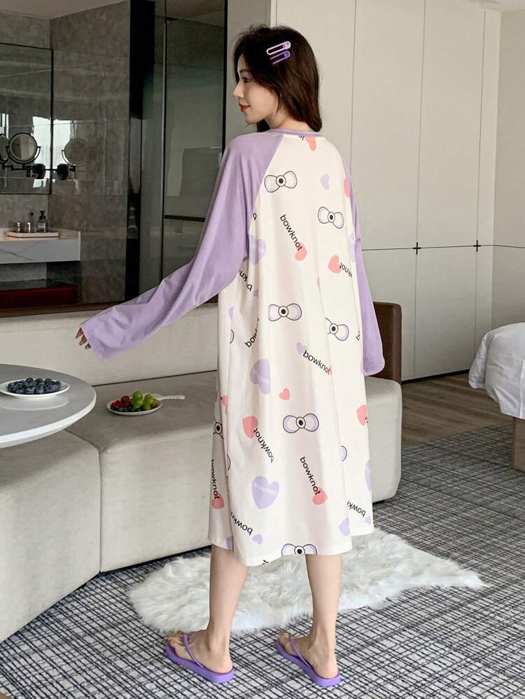 Bow & Letter Print Patchwork Loose Nightgown With Raglan Sleeve Pajama Fall,Winter