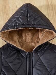 Young Girl Plain Color Thermal Lined Hooded Zip-Up Long Sleeve Padded Coat, For Winter