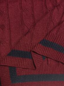 Elenzga Plus Size Women V-Neck Long Sleeve Cable Knit Casual School Style Embroidered Chest Patch Colorblock Loose Pullover Sweater Knit Pullover Fall Winter - Burgundy - View 4
