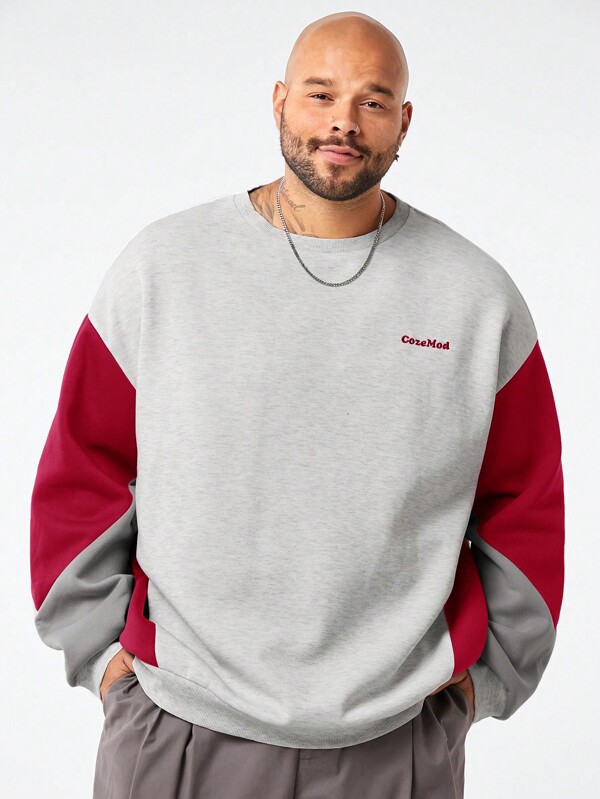 Manfinity NXTstreet Lässiges Strick-Sweatshirt mit Patchwork-Stickerei für Herren Große Größen mit lockerer, überschnittener Schulter und Rundhalsausschnitt aus Fleece, geeignet für Herbst/Winter