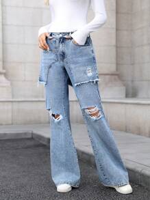 SHEIN LUNE Casual Water Washed Distressed Frayed Hem Flared Jeans - Medium Wash - View 7