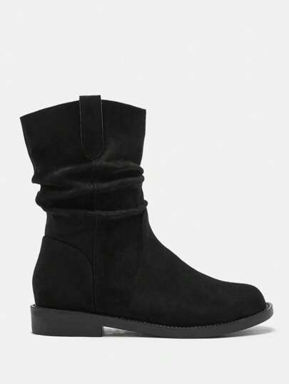 Black Faux Suede Comfortable Platform Ankle Boots, Slip-On Style For Women