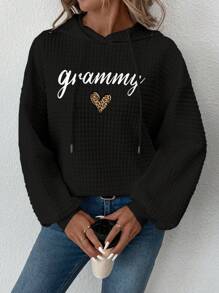 EMERY ROSE Grammy Heart Print Gift Casual Minimalist Pattern Hooded Long Sleeve Loose Women Sweatshirt, Autumn/Winter - Black - View 1
