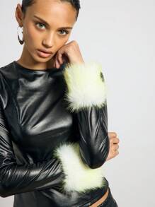 AiiRZ Faux Leather Fitted Long Sleeve Top With Fur Sleeve Trim