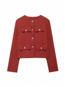 Áo khoác nữ TRAFZA thanh lịch, kiểu dáng thường ngày, chất liệu vải tweed, cổ tròn, tay dài, màu trơn, thích hợp cho mùa xuân. - Màu Đỏ Sâu - Xem 2