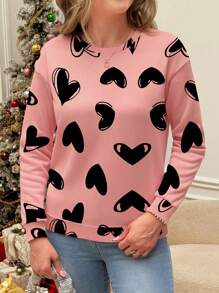 SHEIN LUNE Pink Cute Heart Pattern Round Neck Loose Fit Sweatshirt For Plus Size - Multicolor - View 7