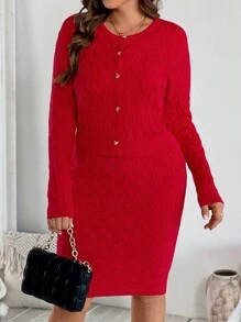 SHEIN LUNE 加大码纯色圆领前排纽扣长袖上衣和无袖连体裤毛衣套装，适合冬季 - 紅色 - 查看 1