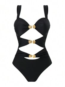 SHEIN X Sofía Suescun SHEIN Swim 1pc Vrouwen Zee-element Shell Cutout Sexy Rugloze Band Eendelig Badpak, Effen Kleur Elegante Vakantie Badmode Zomer