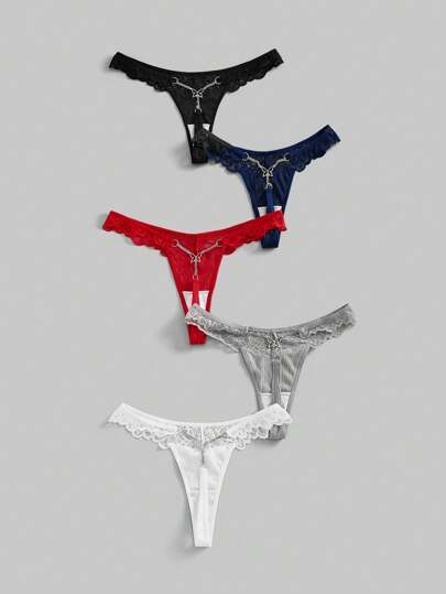 Kawaii 5 Stücke Set romantische Valentins-Unterwäsche mit gerippter Spitze, Schmetterling-Kette und String