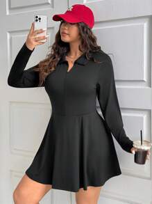 SHEIN EZwear Jumpsuit Kasual Wanita Ukuran Besar Warna Polos Lengan Panjang dengan Kancing Setengah untuk Musim Gugur - Hitam - View 6