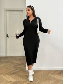 SHEIN EZwear Plus Size Women Black Solid Color Zip Up Simple Fashion Casual Everyday Dress