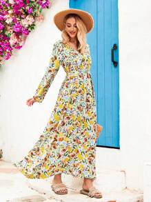 Vivid Eden Women's V-Neck Plant Print Lantern Sleeve Tie-Up Long Dress, Perfect For Vacation,Vacation Outfits For Women