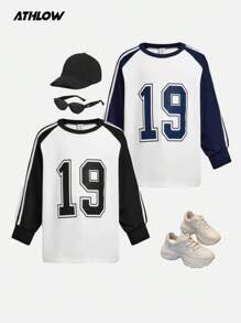 SHEIN 2 件装年轻女孩条纹拼布休闲运动 T 恤套装，舒适简约运动圆领 T 恤，适合跑步、骑自行车 - 彩色 - 查看 1