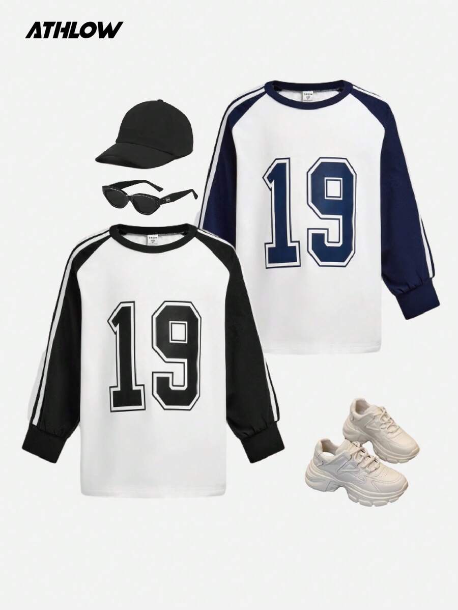 SHEIN 2 件装年轻女孩条纹拼布休闲运动 T 恤套装,舒适简约运动圆领 T 恤,适合跑步、骑自行车 - 彩色 - 查看 1
