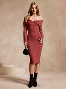 SHEIN Unity Gaun Rajut Slim Fit Wanita dengan Bahu Terbuka - Rusty Rose - View 5