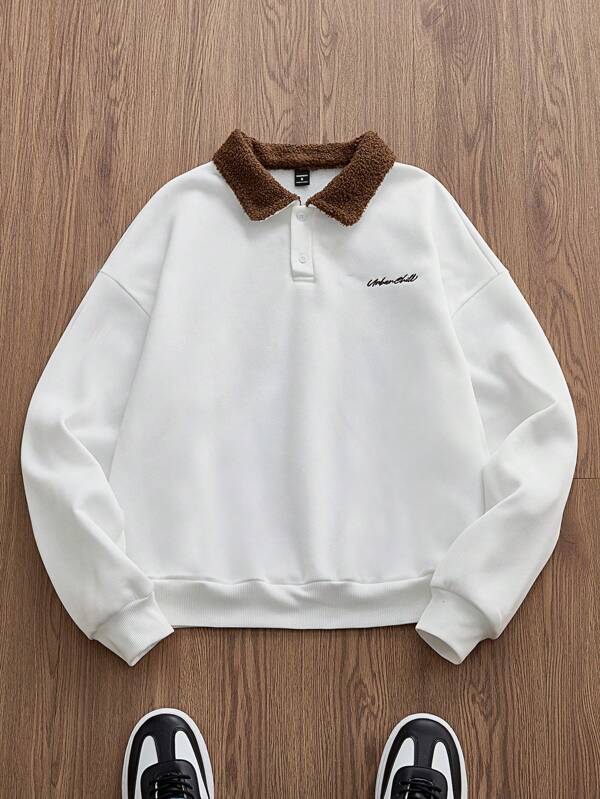 SWAVVY Men's Knit Casual Loose Fit Long Sleeve Pullover Sweatshirt, Fashion Streetwear Autumn/Winter Letter White Color Block Sweatshirt, For Friends, Husband, Boyfriend Gifts