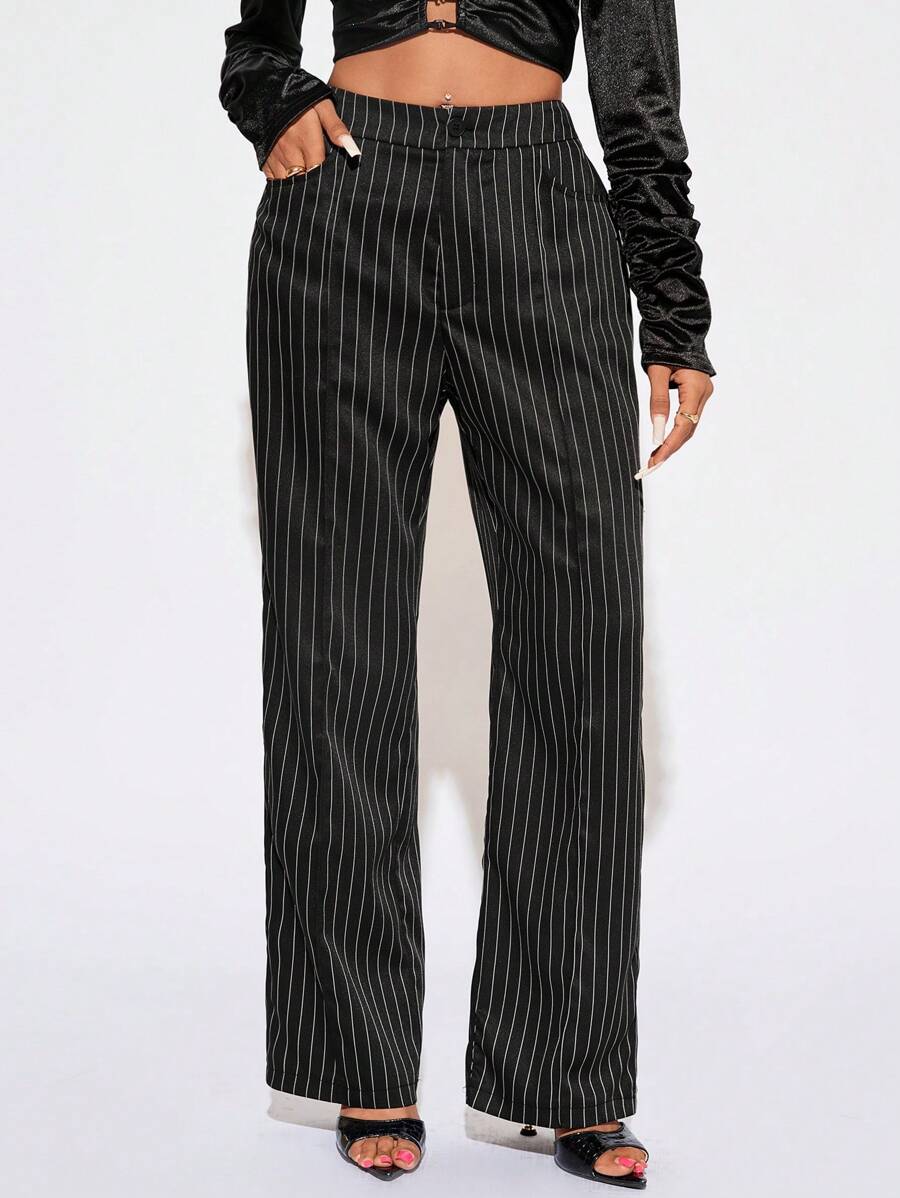 SHEIN SXY Silver Striped Party Event Suit Pants, Autumn/Winter - Black - View 1