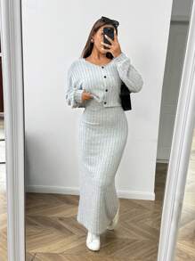 SHEIN EZwear 2pcs/Set Plus Size Crew Neck Long Sleeve Top & Long Dress - Light Grey - View 6