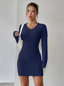Flirla Vestido ceñido casual de unicolor con escote en V y manga larga, versátil para mujer