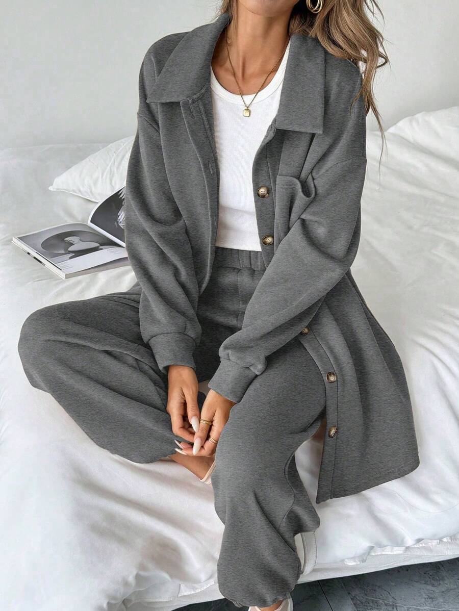 SHEIN LUNE 2 件套女式休闲上衣和阔腿裤套装，缺口领长袖纽扣衬衫，秋冬 - 深灰色 - 查看 1