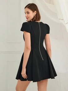 Enchnt Women's V-Neck Short Sleeve Double Breasted Fitted Elegant Mini Dress,Black Gold,Summer,Dinner Date,Fashionable New Year Holiday Christmas Party Dress - Black - View 7