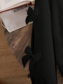 SHEIN Tween 女童休闲圆领长袖镂空蝴蝶结毛衣，秋冬