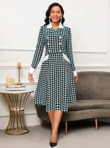 SHEIN Lady Robe croisée double élégante à imprimé pied-de-poule, automne