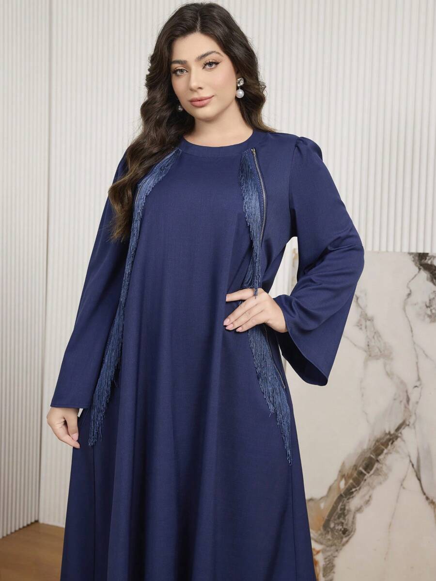 Al Najma Plus Size Retro Tassel Embellished Long Dress - Navy Blue - View 1