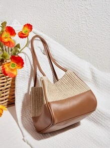 SHEIN VCAY Bolso de hombro casual tipo tote de paja y piel sintética en diseño de patchwork para mujeres - Marrón - Ver 2