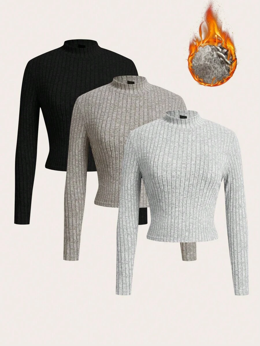 SHEIN EZwear Plus Size Solid Color Stand Collar Long Sleeve Ribbed Minimalist Casual T-Shirt - Multicolor - View 1
