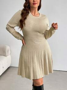 SHEIN Privé Vestido suéter abotonado de manga larga, ajustado y acampanado, de estilo minimalista elegante y cálido, apto como capa base u prenda exterior para mujeres, otoño/invierno, talla grande