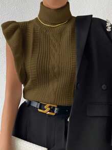 Chiquease Women's Classic Solid Color Mock Neck Short Cap Sleeve Casual Sweater Vest, Autumn/Winter - Army Green - View 3