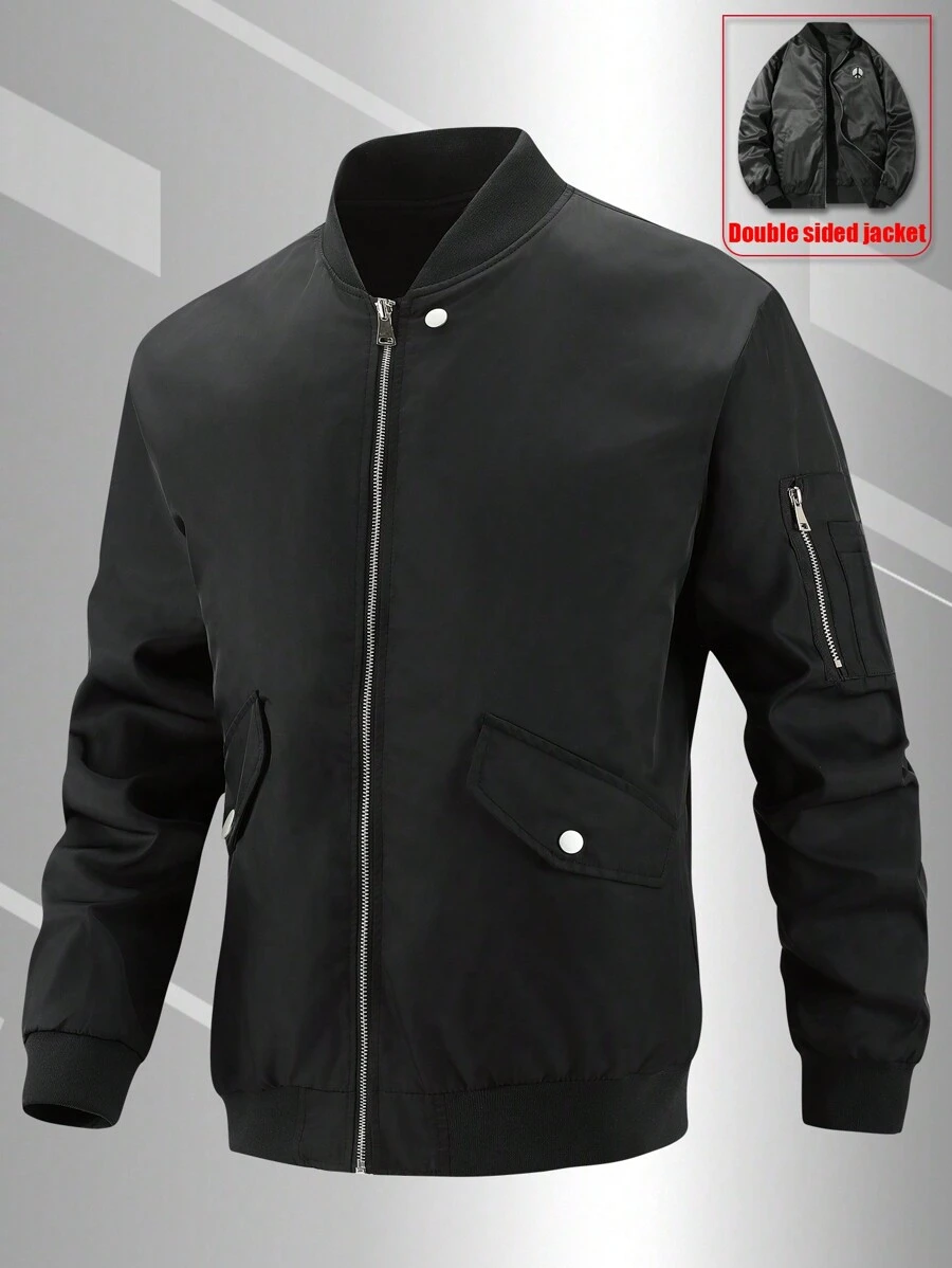 Manfinity Sport Corelite Chaqueta deportiva casual con cremallera y cuello de béisbol de unicolor y manga larga para hombres - Negro - Ver 1