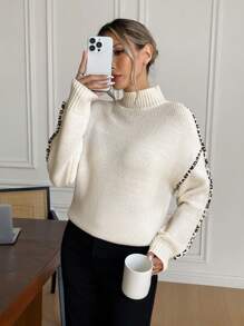 SHEIN Frenchy Women Solid Colour Color Block With Leopard Print Trim Trim Stand Collar Long Sleeve Warm Brushed Pullover Sweaters, Autumn/Winter New Arrival,Commute Daily Wear,Ins Blogger Outfits Minimalist,Suitable For Spring, Winter And Autumn