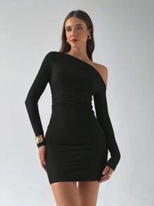 Aloruh Women's Solid Color Christmas Party Mesh Form-Fitting Mini Red Dress - Black - View 8