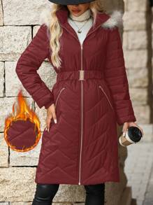 SHEIN Clasi Abrigo acolchado con capucha y cuello de piel para mujer, con cintura ceñida, de longitud media