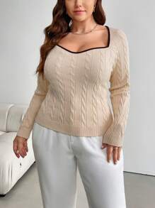 SHEIN Privé Plus Size Women Elegant And Casual Contrast Color Turtleneck Ribbed Texture Knit Long Sleeve Sweater, Autumn/Winter - Apricot - View 5