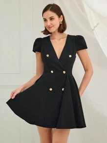 Enchnt Women's V-Neck Short Sleeve Double Breasted Fitted Elegant Mini Dress,Black Gold,Summer,Dinner Date,Fashionable New Year Holiday Christmas Party Dress - Black - View 5