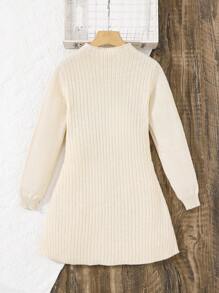 Tween Girl 休闲优雅简约高领罗纹针织长袖 A 字型正面纽扣毛衣连衣裙，杏色，秋冬 - 杏色 - 查看 4