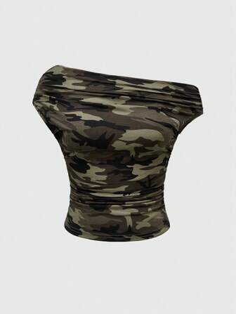 Grunge Punk Y2K Harajuku Style Camouflage Millennium Retro Fashion Tight Shoulder Ruched Women T-Shirt