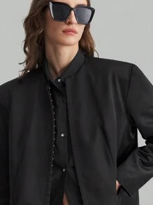 Ontre Black Round Neck Button Design Women's Business Casual Suit Jacket, Long Sleeve Black Outerwear For Autumn/Winter, Back To School - Black - View 6