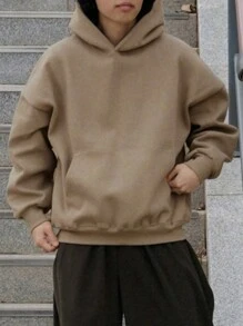 DAZY Áo hoodie dài tay màu trơn có túi rộng rãi màu nâu thường ngày cho nam vào mùa thu đông - Màu Khaki - Xem 3